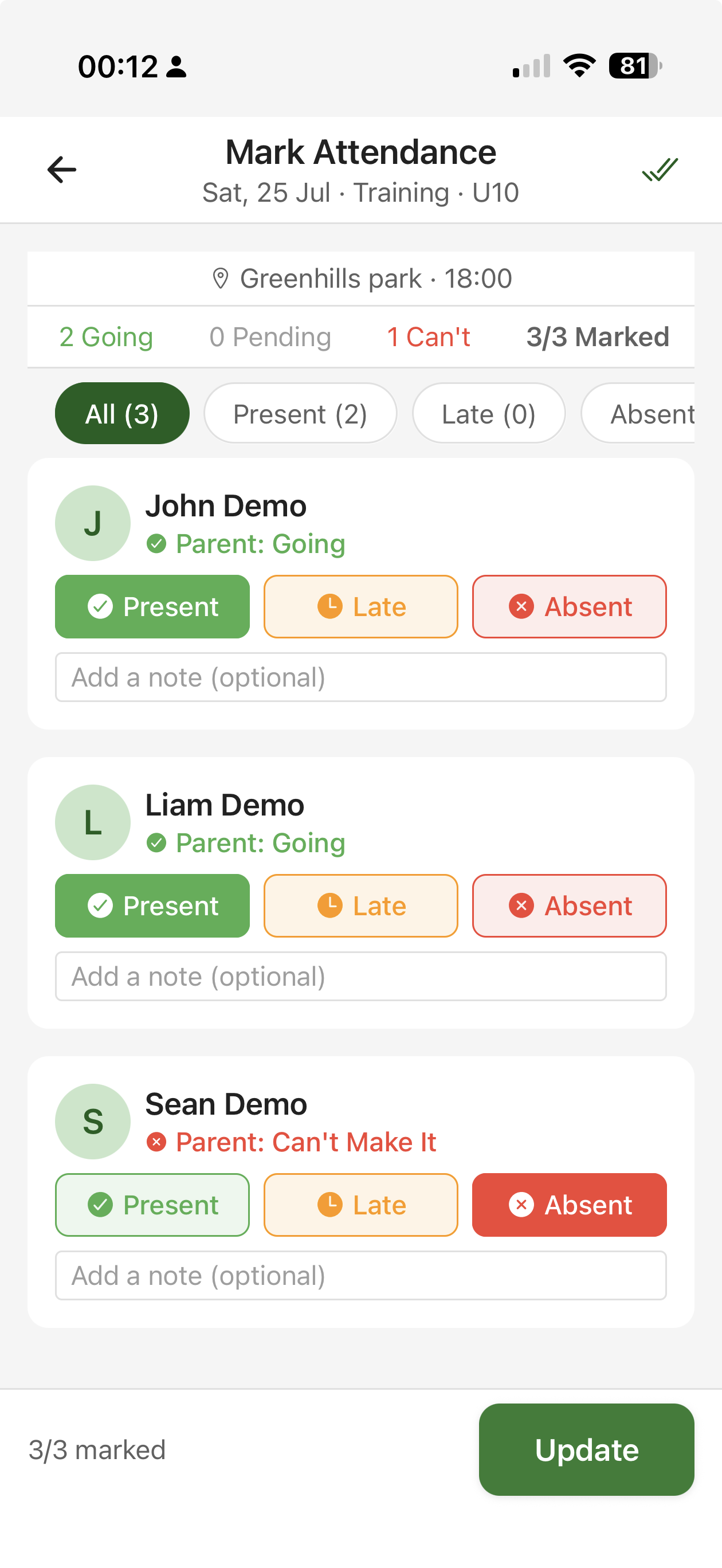 CTM mark attendance screen showing present, late, and absent status
