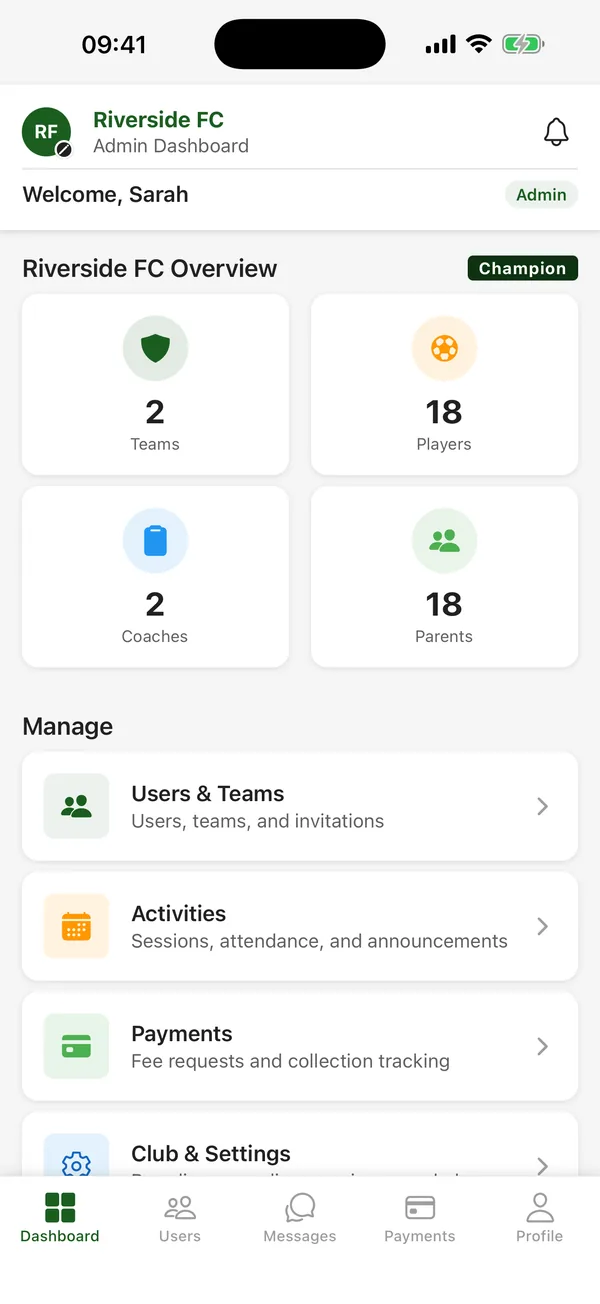 CTM admin dashboard showing teams, players, coaches and parents