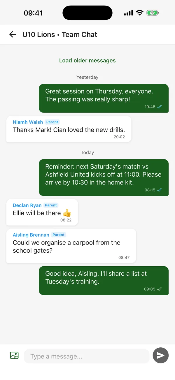 CTM team chat screen, structured and separate from other teams