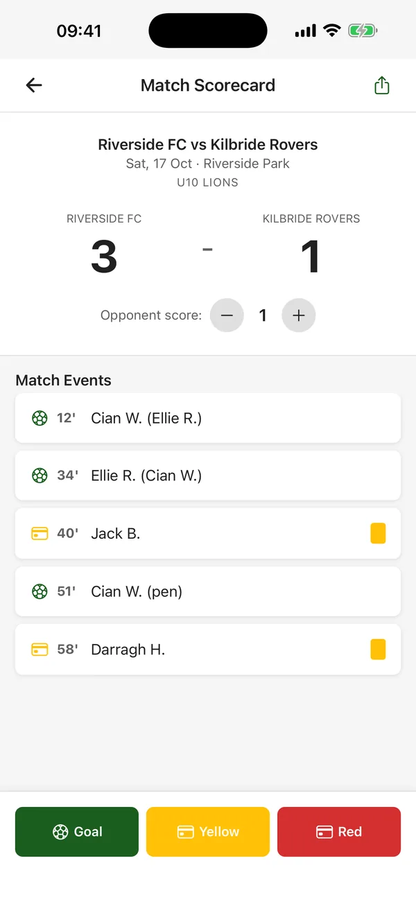 CTM live match scorecard showing the score and match events