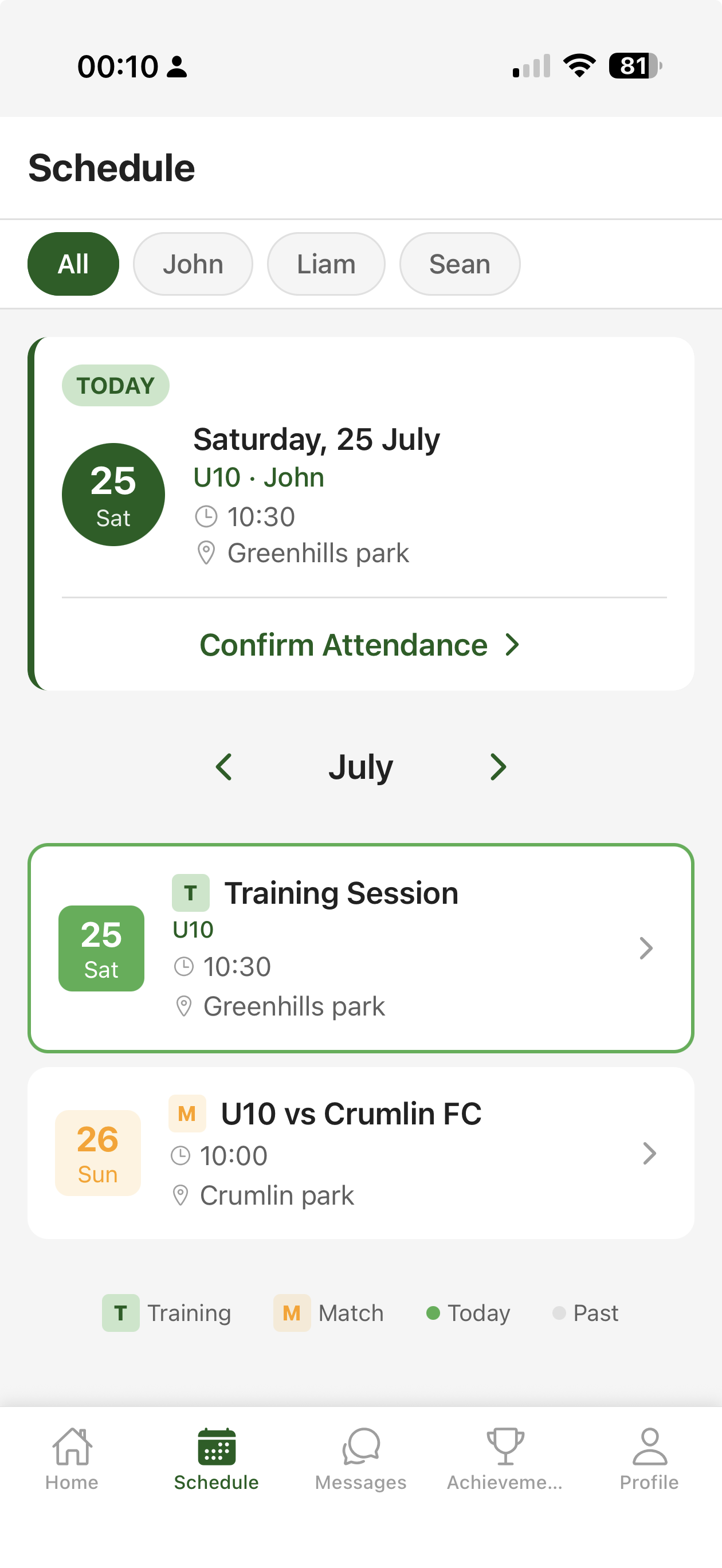 CTM schedule screen showing upcoming training and fixtures
