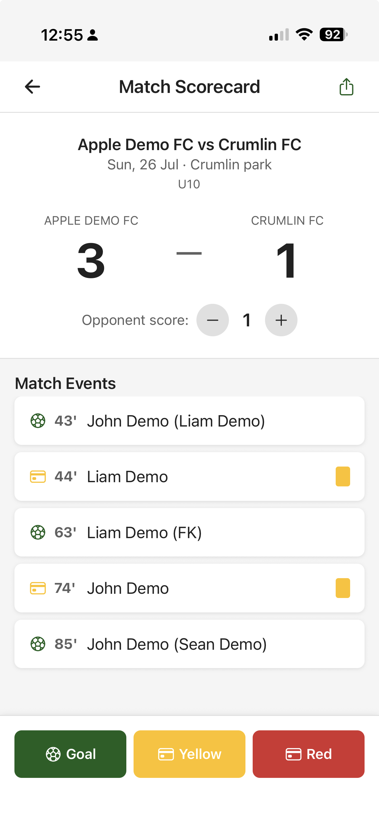 CTM live match scorecard showing the score and match events