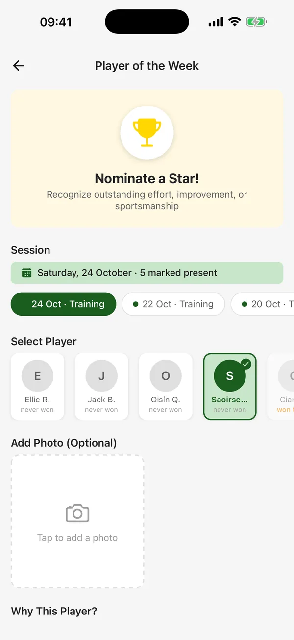 CTM Player of the Week nomination screen with a player selected