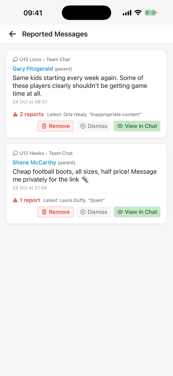 CTM Reported Messages review, where an admin can remove or dismiss each report