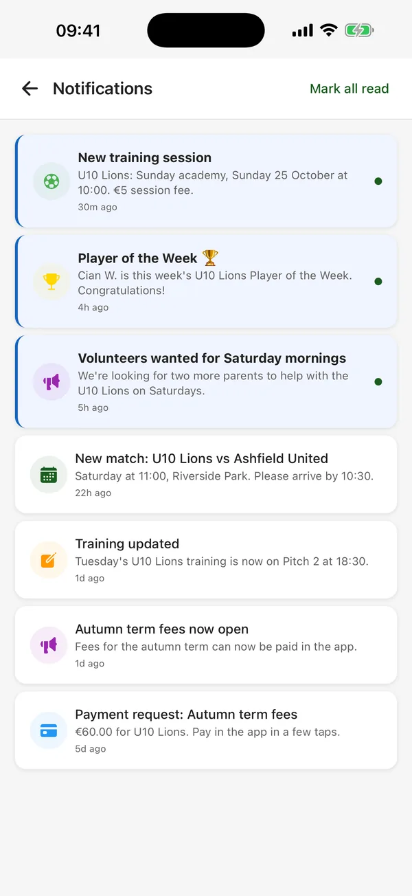 CTM in-app notification centre with training, match, payment and Player of the Week updates